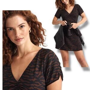 Madewell Dress V-Neck Brown Abstract Animal Print Short Sleeve Fall Mini Size 14